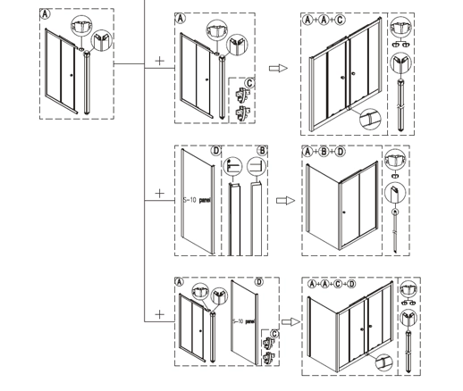 drzwi prysznicowe przesuwne w połowie zestawu zapewniają dowolne kombinacje
