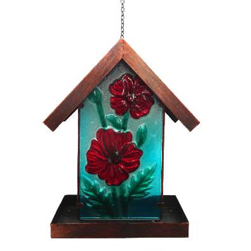Kwiatowy szklany Deco i metalowy wiszący słoneczny karmnik / dom dla ptaków