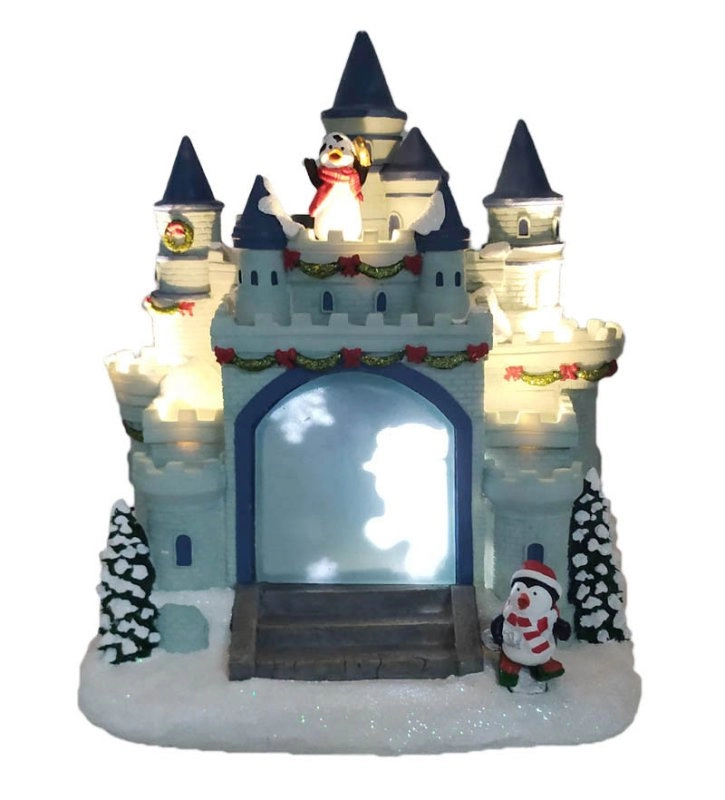 Świąteczny zamek pingwina LED z pingwinem biegającym po zamku