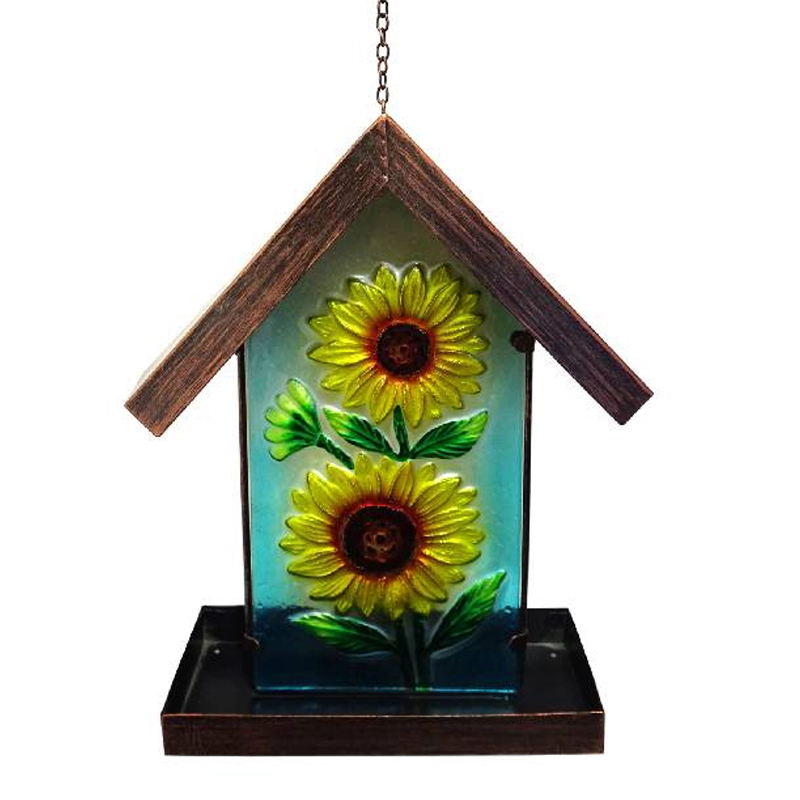 Piękny słoneczny karmnik dla ptaków ze światłem, dom słonecznikowy, wiszący karmnik ogrodowy