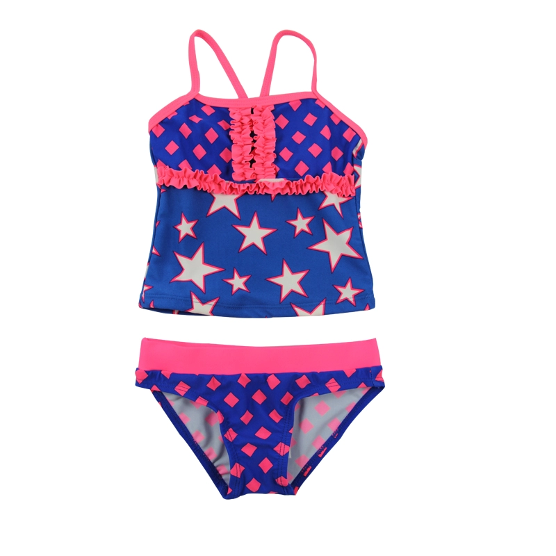 Niebiesko-różowe dziewczęce tankini w gwiazdki z falbanami i plażowymi strojami kąpielowymi