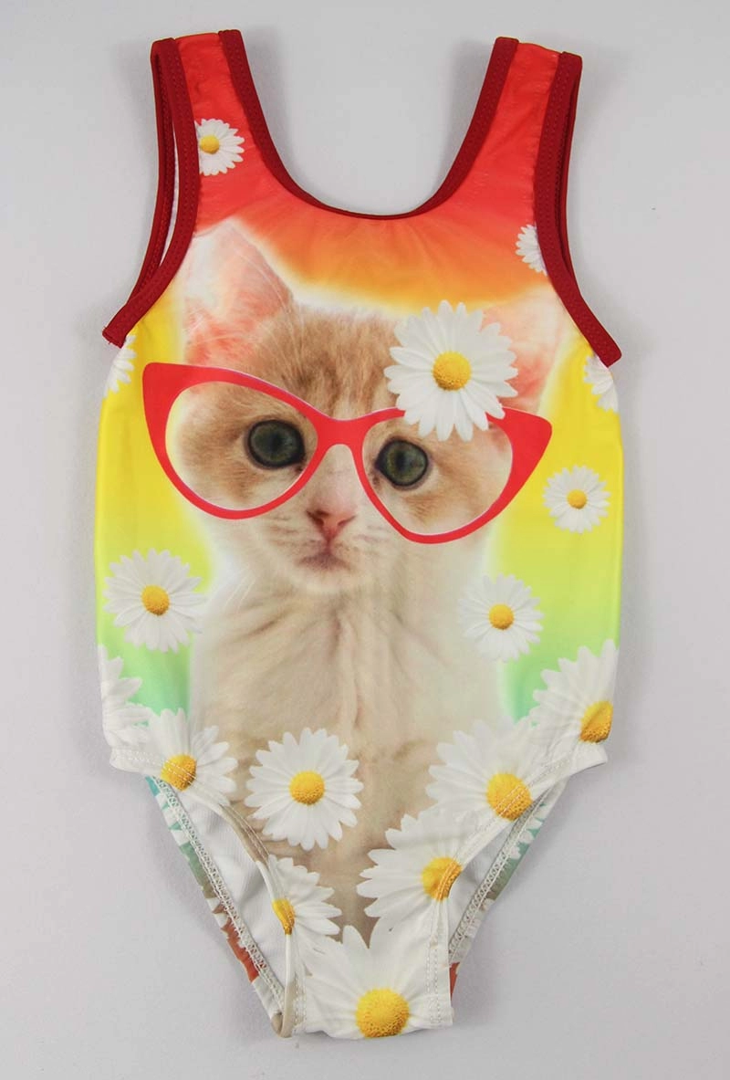 Jednoczęściowe kostiumy kąpielowe dla dziewczynek z nadrukiem kota