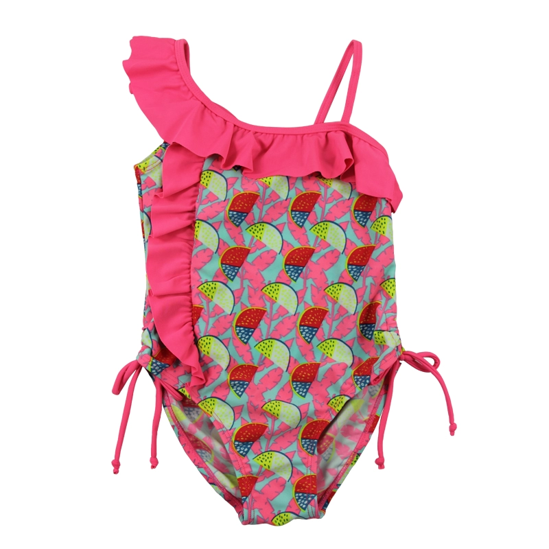 Jednoczęściowe stroje kąpielowe dla małych dziewczynek w kolorze arbuzowym z falbaną