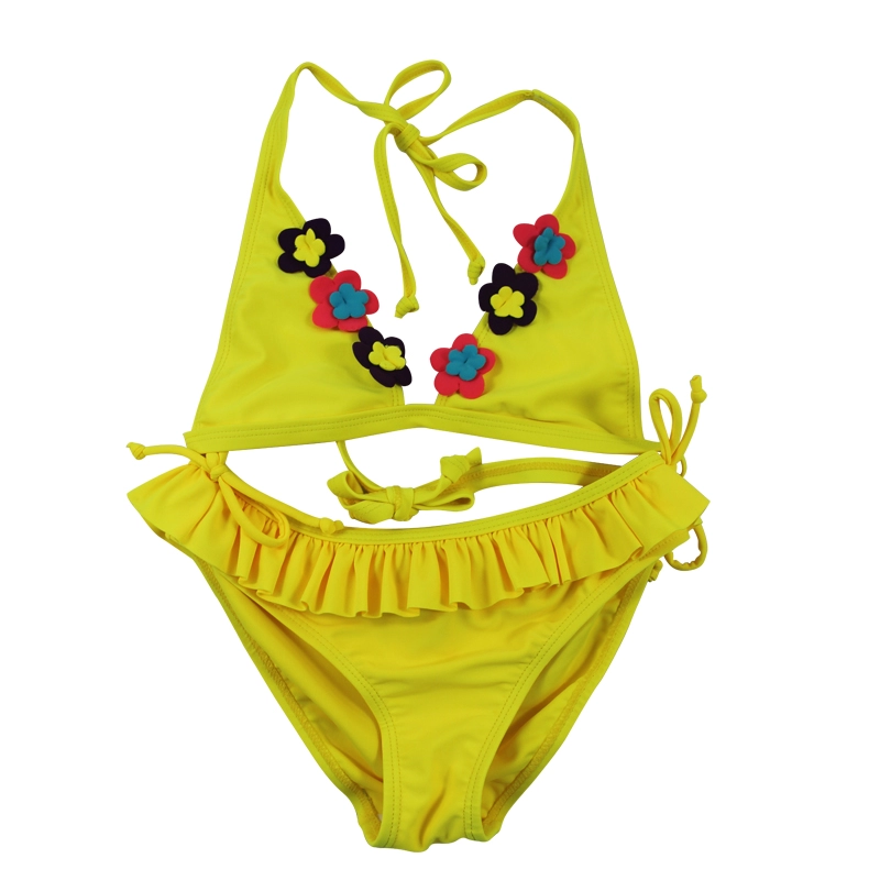 Żółte dziewczęce komplety kąpielowe bikini z wiązaniem na szyi