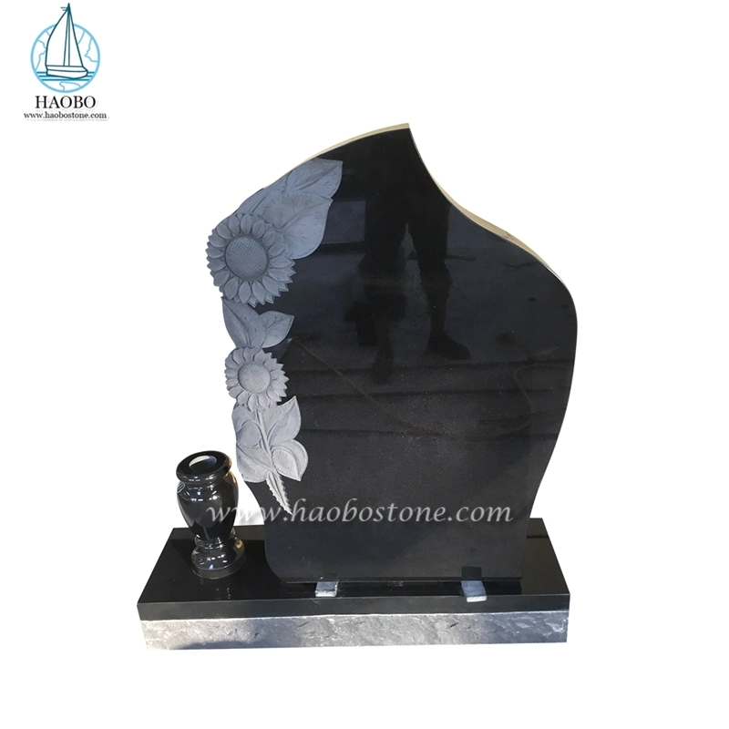 Czarny granitowy pomnik Kremacja nagrobek Słoneczniki rzeźbiony nagrobek