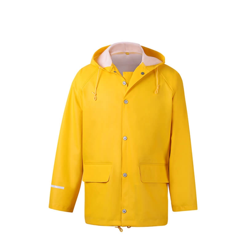 Żółta wodoodporna kurtka przeciwdeszczowa z PU z kapturem