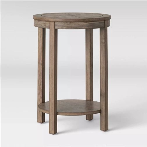 Okrągły brązowy stolik z drewnianym wzorem