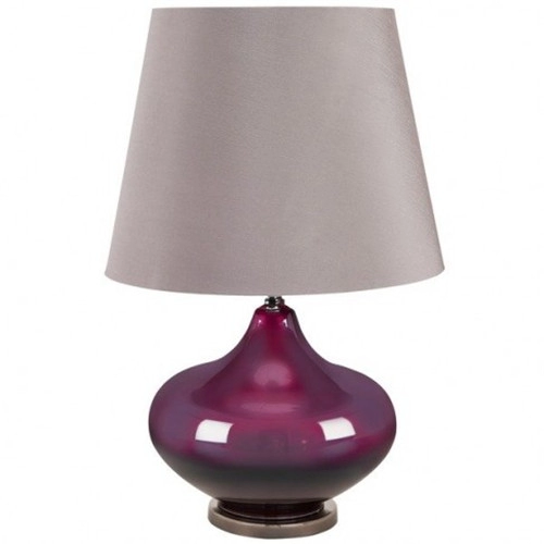 Lampka nocna w kolorze fioletowym szklanym z kloszem z tkaniny w kształcie stożka