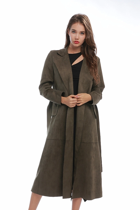 Brązowy, długi płaszcz z wycięciem w klapie, zimowa odzież wierzchnia dla kobiet