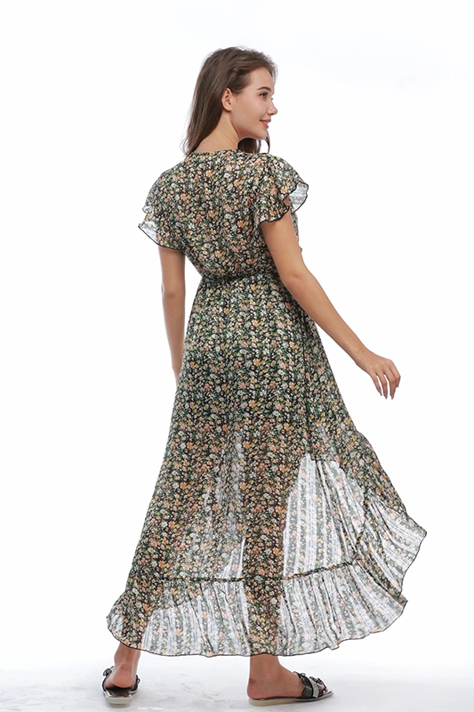 Niestandardowe letnie marszczone, dorywczo tiulowe sukienki z dekoltem w szpic, damskie sukienki z szyfonu w kwiaty