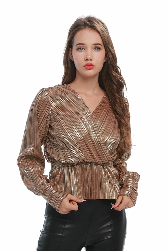 OEM Factory Glitter V Neck Plisowana tkanina Elastyczny pas Letnia elegancka bluzka damska z długim rękawem