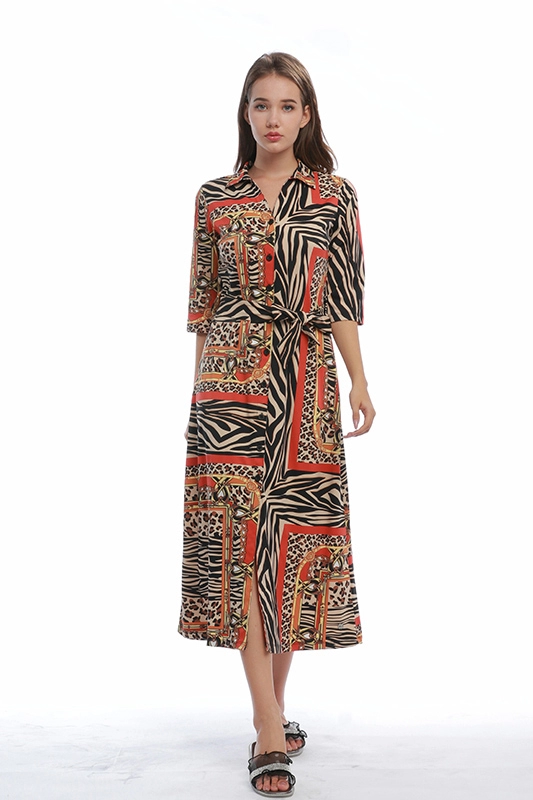 Jesienne długie rękawy Turndown Neck Animal Leopard Print Elegancka damska damska casualowa sukienka koszulowa