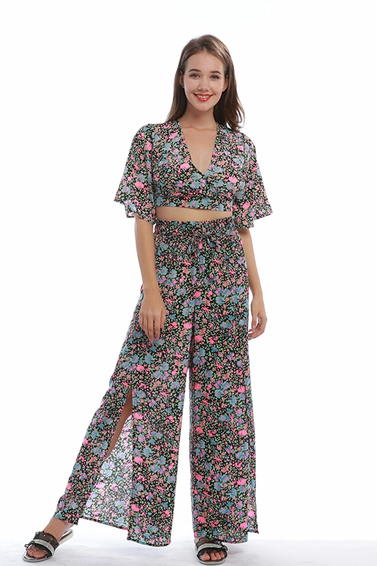 OEM Factory Custom Summer Casual Floral Printed Szyfonowa letnia odzież damska Crop Top Spodnie z rozcięciem Dwuczęściowy zestaw