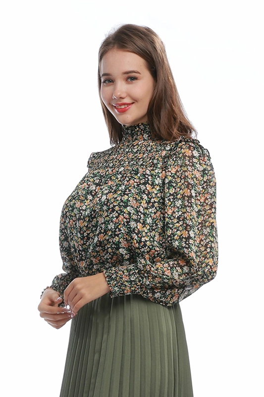 Elegancka kwiecista marszczona szyfonowa bluzka damska z długim rękawem bluzka fabryka porcelany
