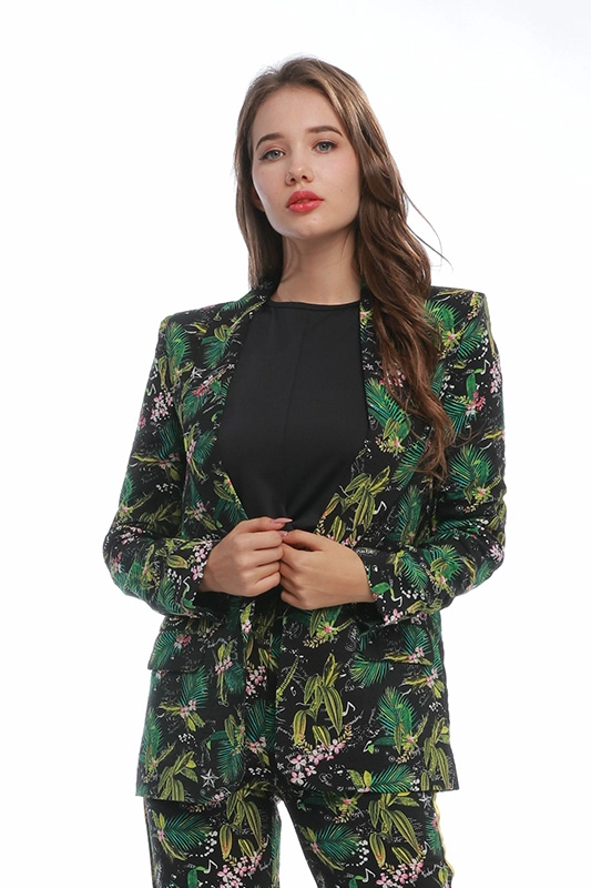 Wysokiej jakości garnitury damskie z długim rękawem, cienkim zielonym nadrukiem i kwiatowymi dzianinami. Marynarki damskie