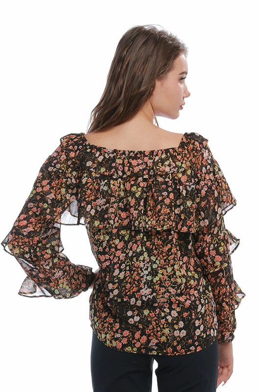 Damska bluzka z odkrytymi ramionami w kwiaty z falbaną Marszczona szyfonowa bluzka damska