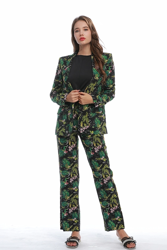 Casualowe, cienkie, zielone, kwiatowe garnitury z nadrukiem Blazers Prosty, elastyczny pas, boczna taśma z nadrukiem Spodnie Dwuczęściowy zestaw garniturów