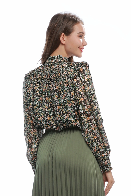 Elegancka kwiecista marszczona szyfonowa bluzka damska z długim rękawem bluzka fabryka porcelany