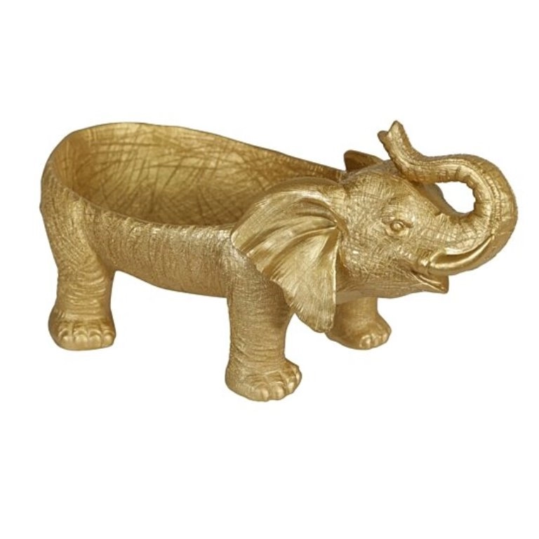 Żywiczna miska dekoracyjna z trąbiącym ciałem słonia, złota